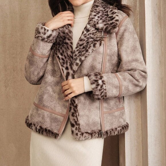 Pink Casual Women's Faux Fur Lined Motorcycle Jacket With Leopard Print - Picture 7 of 8